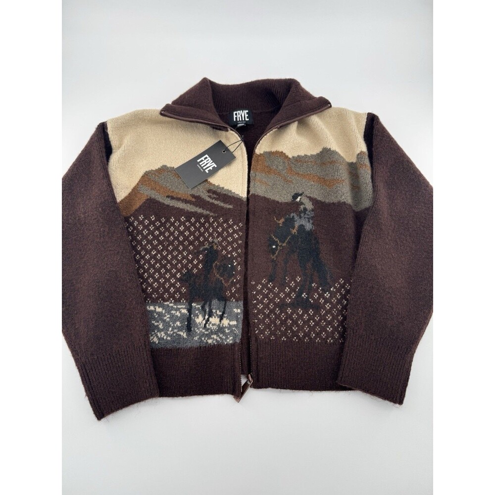 FRYE Brown Horse Knit Western Cowboy Zip Up Cardigan Sweater Woman's Medium - Picture 11 of 12